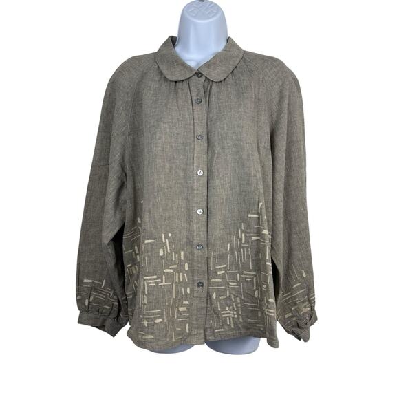 Poetry Top Womens 14 Tan Beige Linen Cotton Boxy Lagenlook Artsy Embroidered - Picture 1 of 14